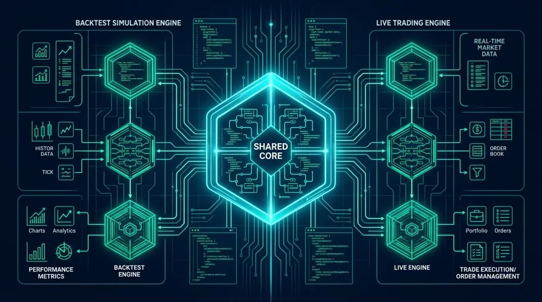 Kiến trúc Shared Core — một module chiến lược duy nhất cung cấp cho cả engine backtest và giao dịch thực