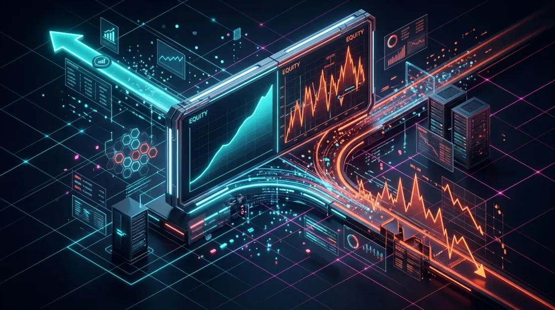 Sai lệch backtest vs giao dịch thực — đường equity lý tưởng so với kết quả thực tế biến động