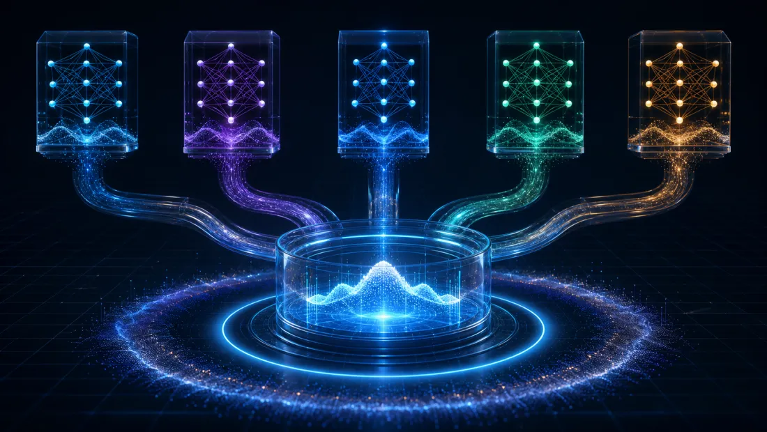 Five independently trained neural networks combine their predictions while their disagreement forms an epistemic halo
