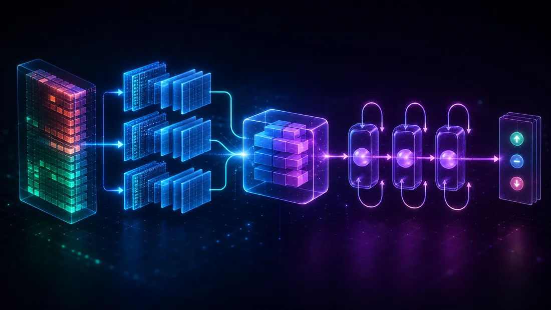DeepLOB architecture: a raw order-book tensor flowing through convolutional layers, an inception module, and an LSTM
