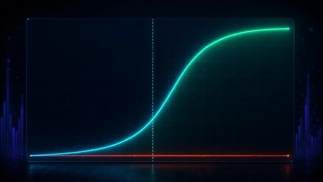 An S-shaped detection-power curve rising from near zero to one as the planted true Sharpe increases along the horizontal axis, with a vertical dashed line at the noise-ceiling Sharpe of one point six three and the curve reaching fifty percent power just to the right of it, and a flat false-positive line pinned to the floor