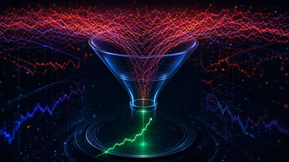 A parameter search depicted as a slot machine feeding a thousand random strategy curves through a funnel, with a single luckiest curve emerging labeled with a tempting Sharpe ratio while the discarded curves fade into noise behind it