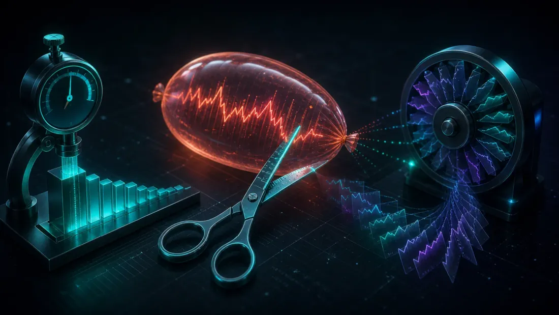Three measurement instruments laid out on a workbench, each aimed at the same inflated Sharpe number: a deflating gauge lowering a benchmark bar, a set of graduated haircut scissors, and a bootstrap resampling wheel spinning off many shadow copies of a returns series