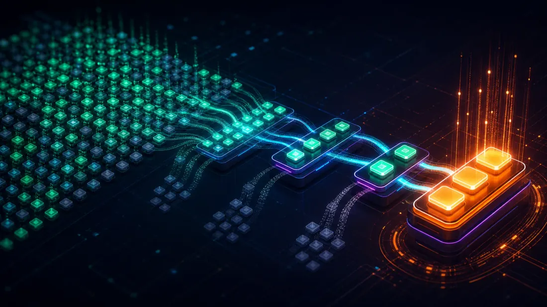 سلسلة بحث من الخشن إلى الدقيق: آلاف الإعدادات الرخيصة منخفضة الدقة يتم فحصها على نطاق واسع في اليسار، ولا يُرقّى نحو اليمين عبر تقييمات كاملة متزايدة التكلفة سوى أفضل الناجين — التنصيف المتتالي يُضيّق حقلاً زمردياً واسعاً من المرشحين إلى حفنة من المتأهلين النهائيين اللامعين