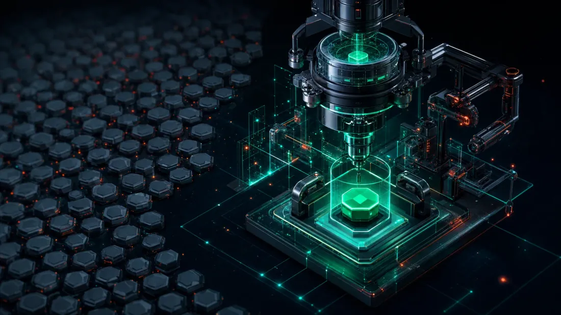 Die ereignisgesteuerte Engine in ihrer eigentlichen Rolle: ein einzelner akribischer, hochtreuer Validierungslauf einer einzigen überlebenden Strategie, gerendert als präzises Smaragd-und-Cyan-Instrument, das einen realistischen Fill modelliert, Margin und den Order-Lebenszyklus respektiert — dieselbe Maschinerie pro Bar, die während der Suche reine Verschwendung war, hier als wertvolles Handwerk gezeigt, eine sorgfältige Generalprobe vor dem Deployment