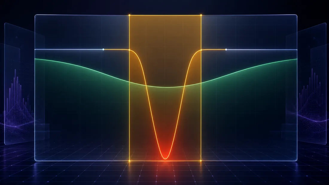 Concentrated v3 position value versus a full-range v2 position across price, showing the amplified divergence inside the range and the frozen boundary composition