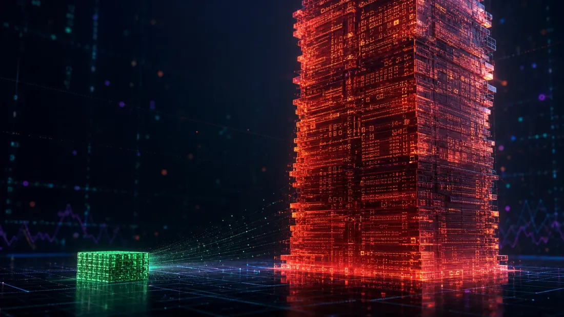 Two encodings of the same 150,000-float array side by side: a raw-bytes memcpy measured in microseconds against a JSON text encoding towering three orders of magnitude taller