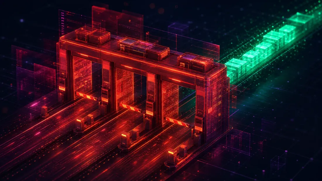 An engine binary being spawned from scratch for a single request: process creation, loader, and pipe setup stacked as a fixed toll booth in front of a short stretch of useful work