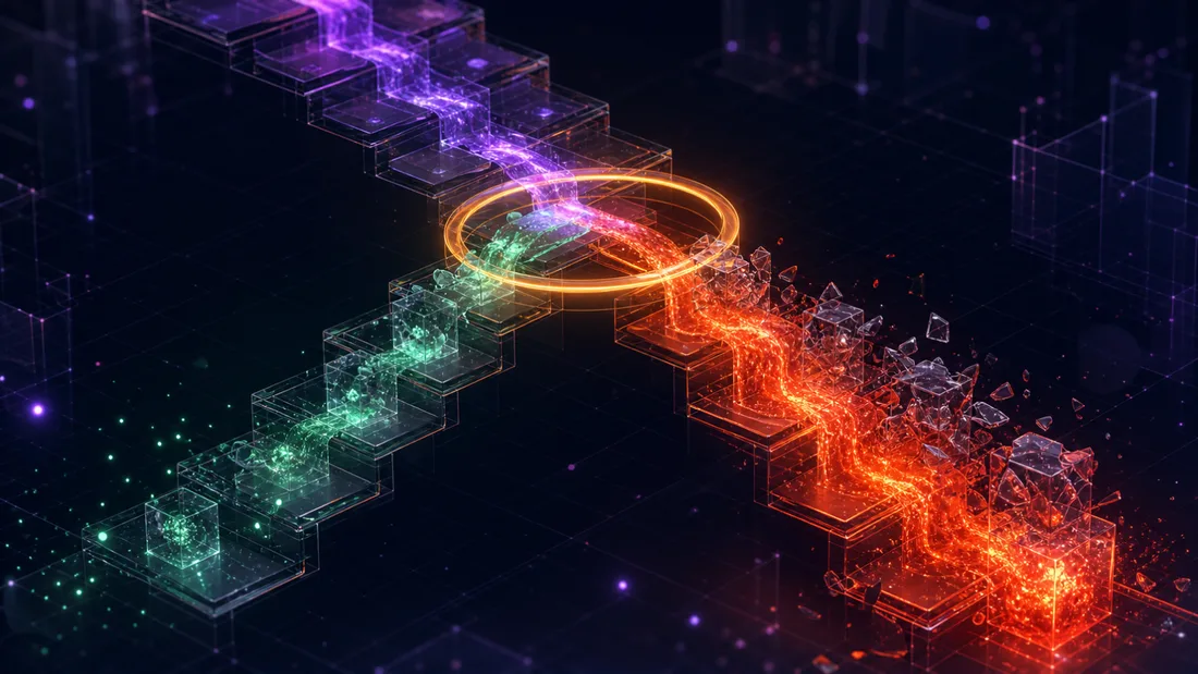 Cascade chain: a forced sale creates price impact that pushes the next cluster of positions underwater, drawn as a descending staircase annotated with the reproduction-number threshold g equals one