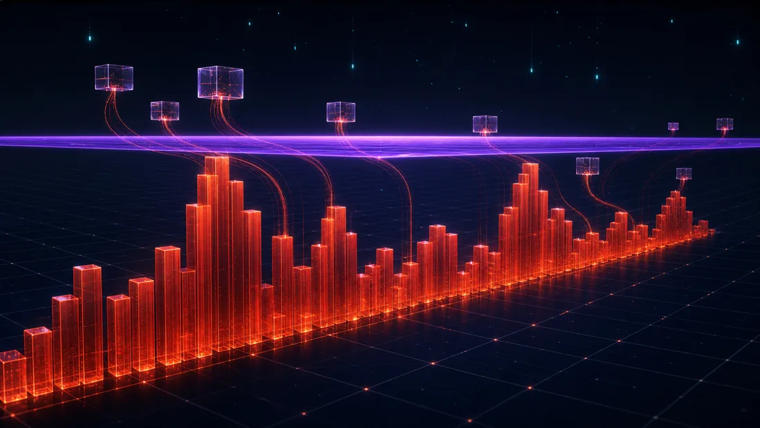 On-chain liquidation depth chart: aggregated Aave and Compound collateral bucketed by liquidation price into a histogram of forced-sell pressure stacked below spot