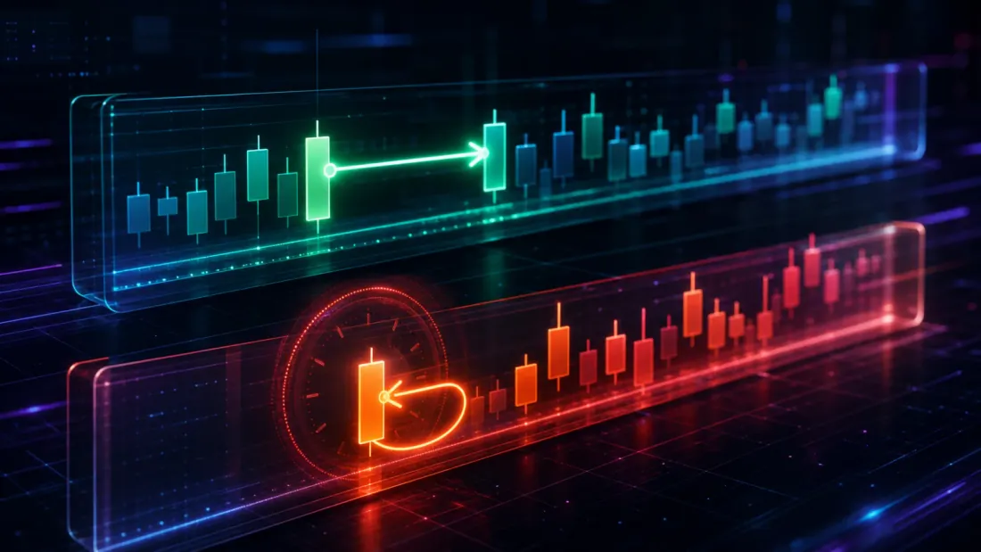 The same-bar fill off-by-one: an execution arrow curling back into the bar that generated the signal, versus the honest fill on the next bar's open