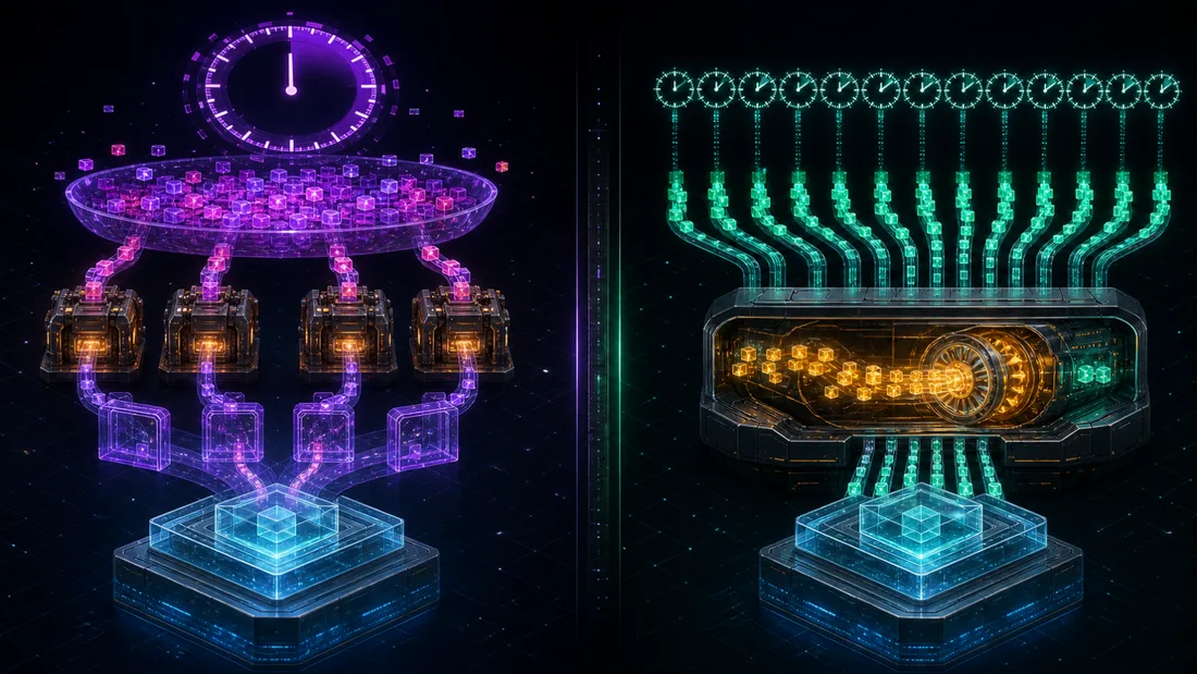 Ethereum versus Solana MEV pipelines side by side: Ethereum's public mempool feeding builders, relays, and a per-slot block auction, against Solana's mempool-free Gulf Stream forwarding into Jito's continuous bundle auction inside the validator client