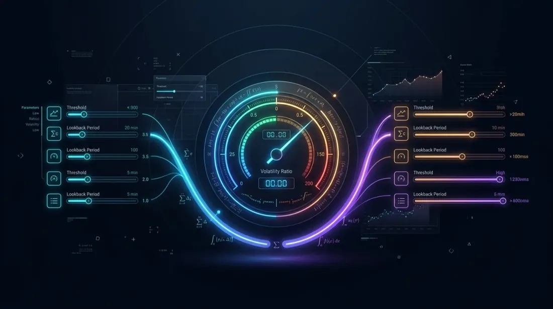 Penskalaan parameter adaptif: pengukur rasio volatilitas dengan slider parameter yang bertransformasi dari threshold ketat ke lebar