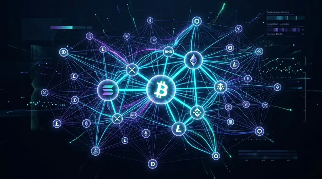 Graf jaringan korelasi mata uang kripto dengan aliran alokasi strategi cascade