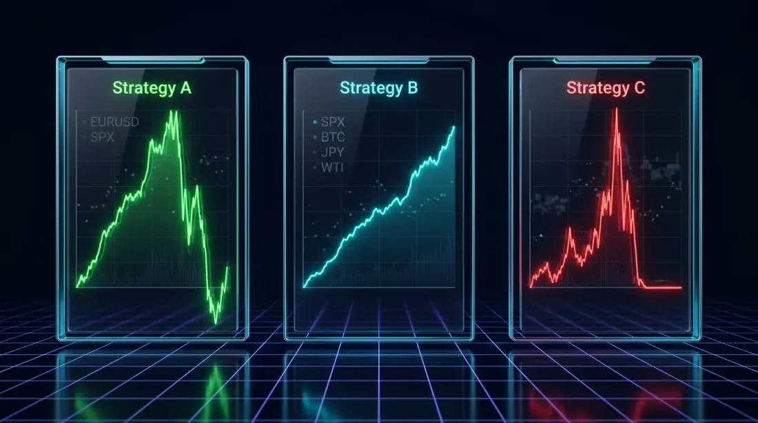 Tiga strategi dibandingkan: A (hijau, sukses parsial), B (cyan, tangguh), C (merah, overfit)
