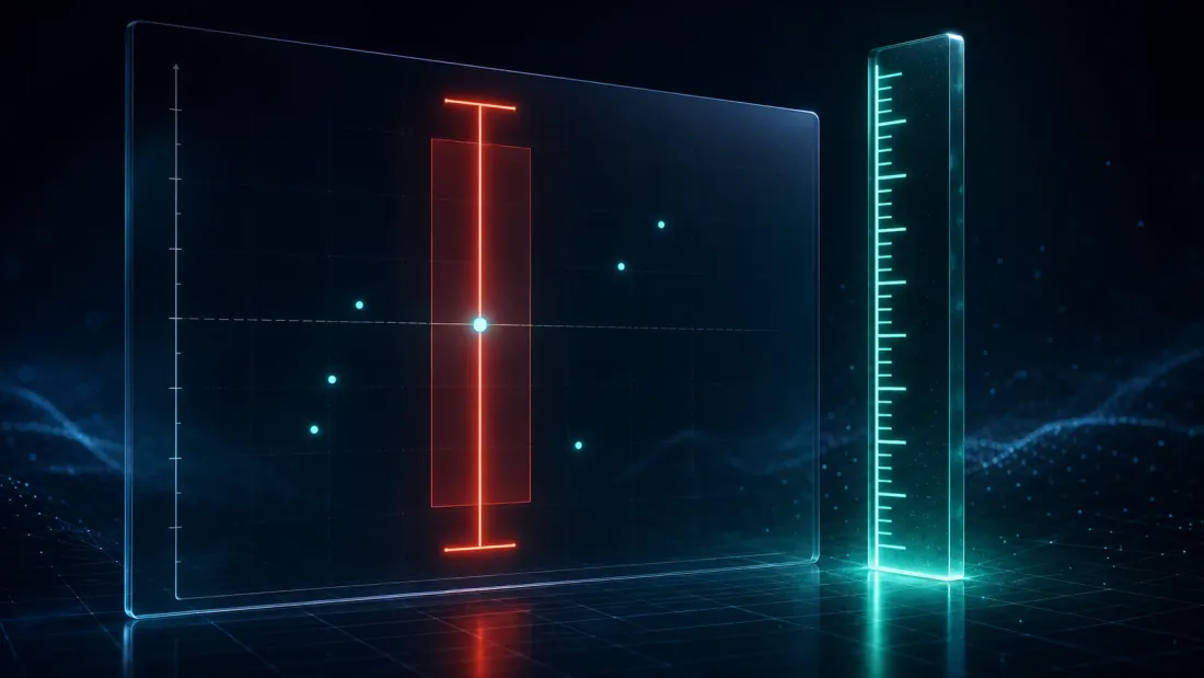 A single Sharpe point estimate marked with an enormous confidence-interval error bar because it rests on only eight observations, beside a ruler labeled minimum track record length, illustrating that a ratio measured on a handful of trades is statistically meaningless