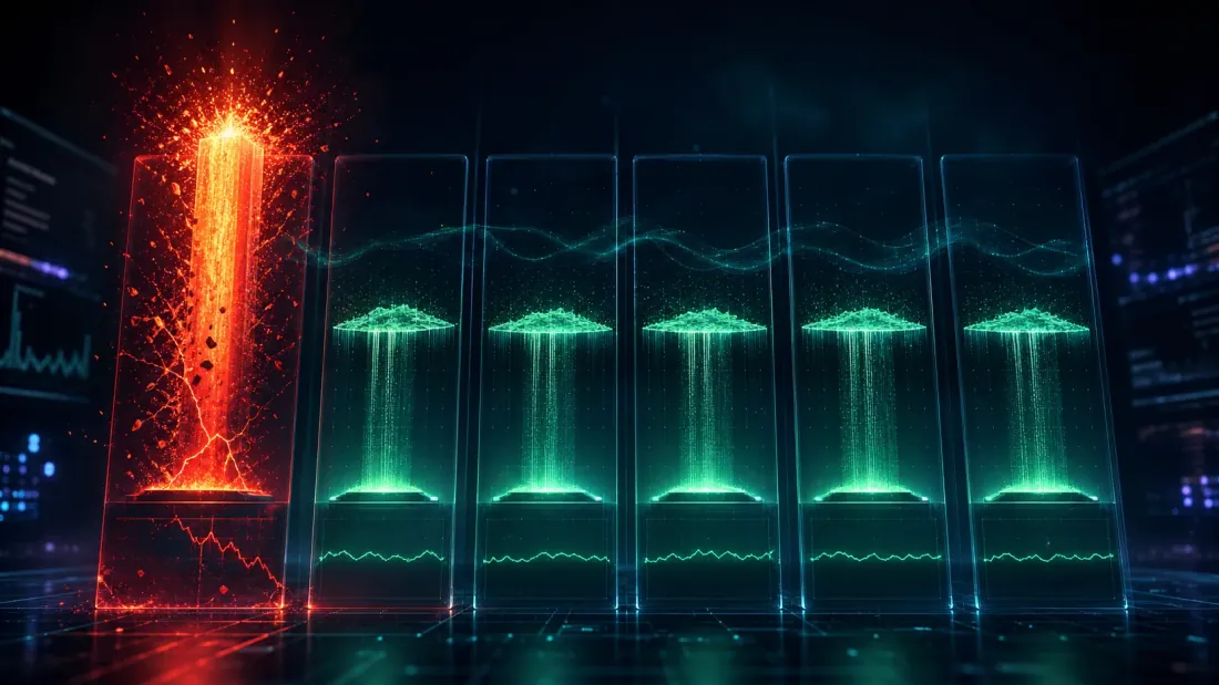 Six objective functions as contestants on a leaderboard, the per-trade Sharpe glowing brightest in sample but stamped degenerate 57 percent while the exposure-aware objectives hold steady out of sample, illustrating that a great in-sample number does not mean a good selection