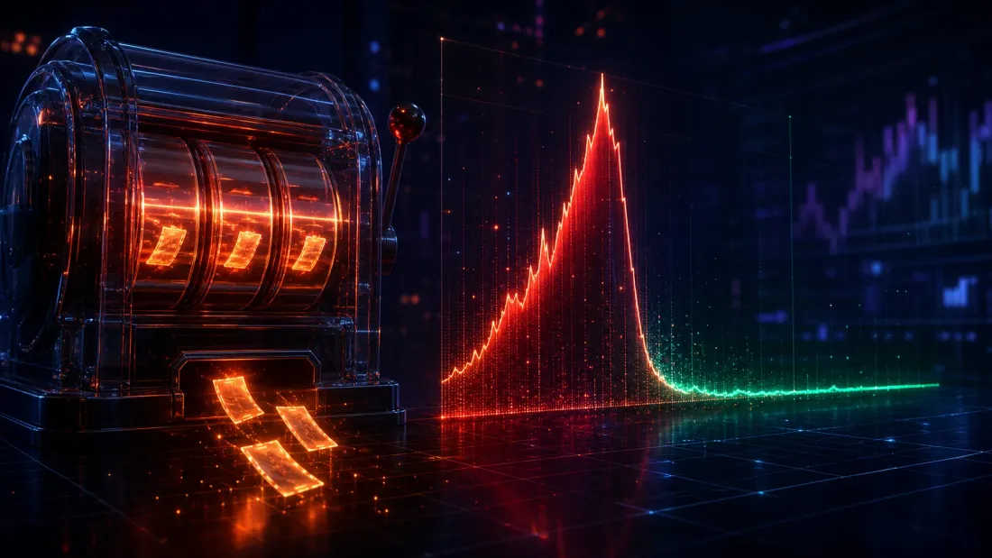 A slot machine paying out on a single lucky spin, showing eight trade tickets and a towering in-sample per-trade Sharpe of 21 that collapses to 0.13 out of sample, dramatizing a rare-trade lottery winner selected by a naive objective