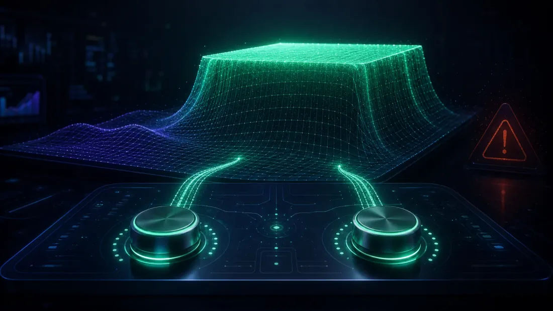 A control panel with two knobs labeled exposure floor and conf_k shrinkage, both lifting an out-of-sample performance surface up onto a high flat plateau while a degeneracy indicator goes dark, illustrating two independent fixes that together recover the true optimum