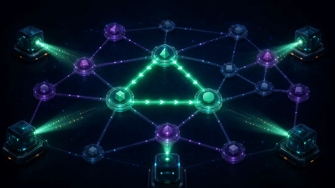 A market graph with assets as nodes and pool rates as edges; a highlighted negative-weight cycle is found identically by many competing searchers at the same block