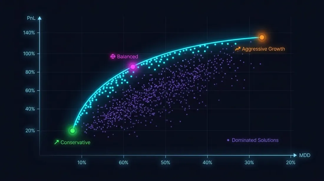 Fronte di Pareto: compromesso tra PnL e drawdown massimo