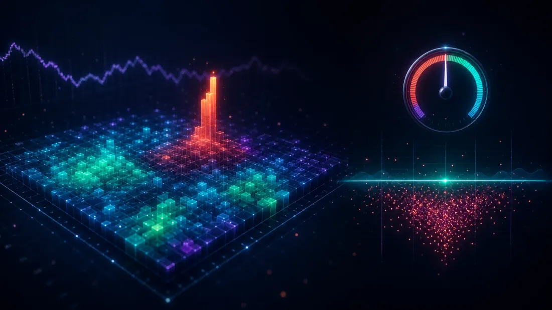 Una griglia di parametri incandescente di incrocio di medie mobili su un puro random walk che mostra un'unica cella allettante e brillante a uno Sharpe in-sample di 2.33, accanto a uno scatter dei risultati out-of-sample di quello stesso vincitore centrato sotto lo zero, con un indicatore del PBO fermo vicino a un mezzo e una didascalia che recita certificato privo di valore