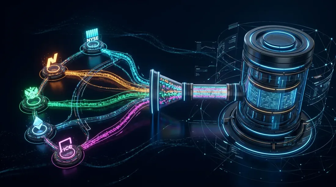 Pipeline di acquisizione dati multi-exchange con stream WebSocket che fluiscono in un database