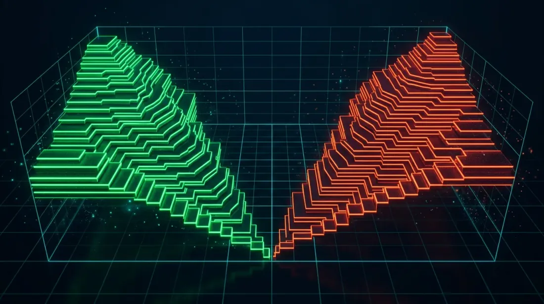 Visualizzazione 3D della profondità del libro degli ordini con livelli bid verdi e livelli ask rossi