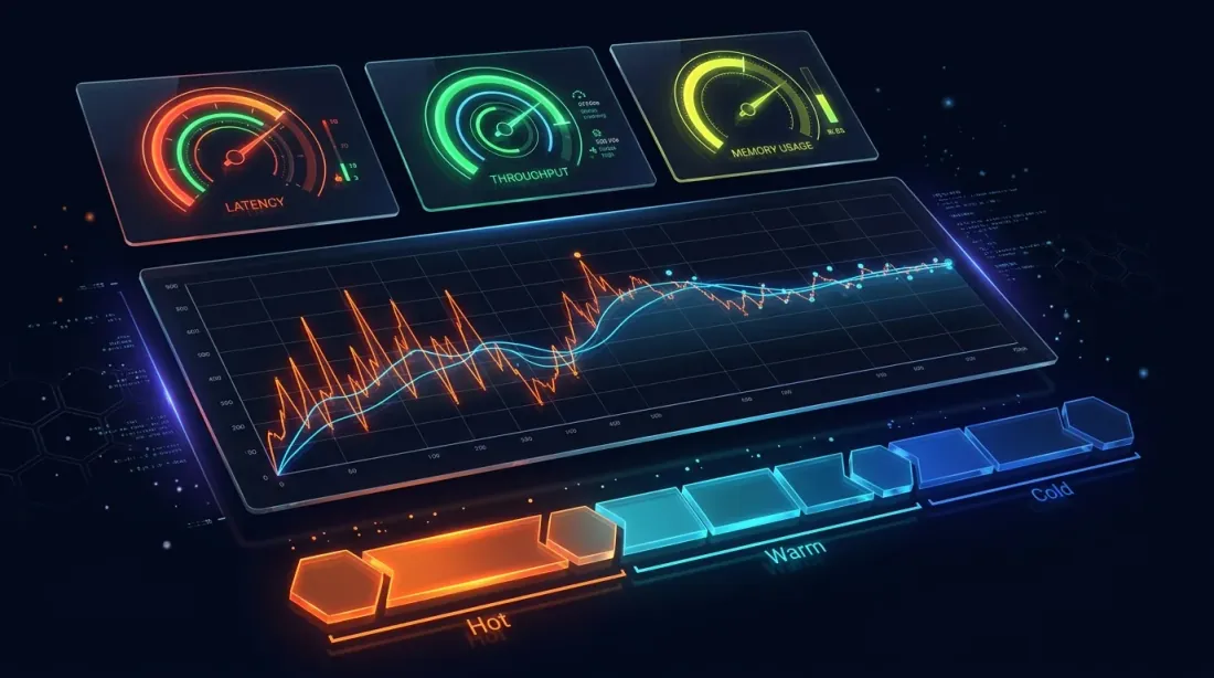 Dashboard di monitoraggio delle prestazioni con indicatori di latenza e livelli di archiviazione hot-warm-cold