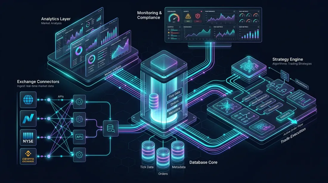 Diagramma isometrico dell'architettura di sistema per una piattaforma di trading algoritmico basata su QuestDB