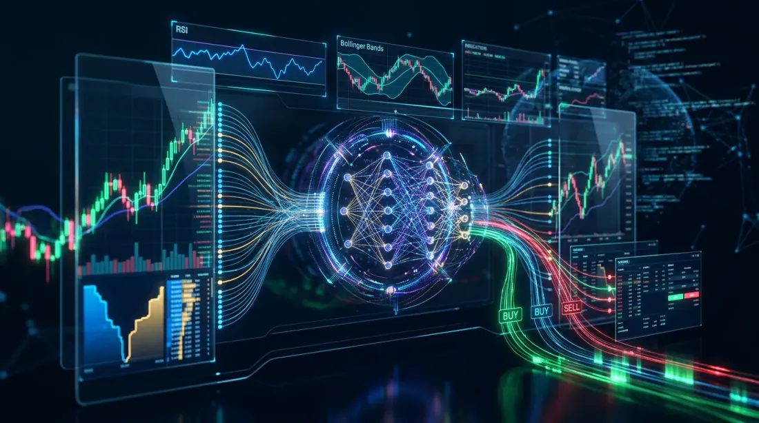 Motore di strategia di trading algoritmico con core di elaborazione neurale e feed di dati di mercato