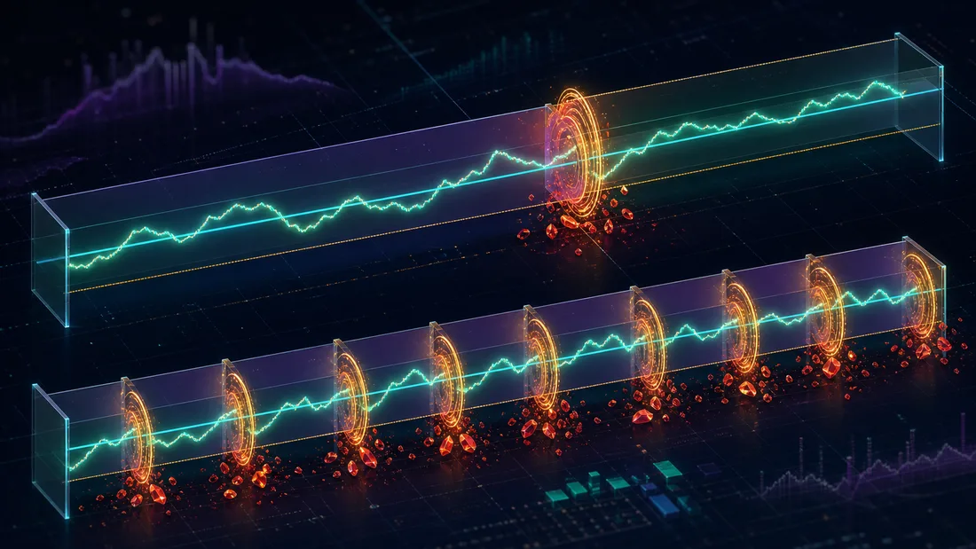 A no-rebalance band around the position center, contrasting threshold-based recentering with periodic recentering and showing gas plus crystallized LVR as the cost that must be cleared